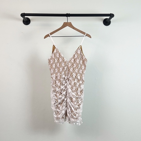 NWT Frilled To Be Here White Lace Ruched Mini Dress - Picture 7 of 8